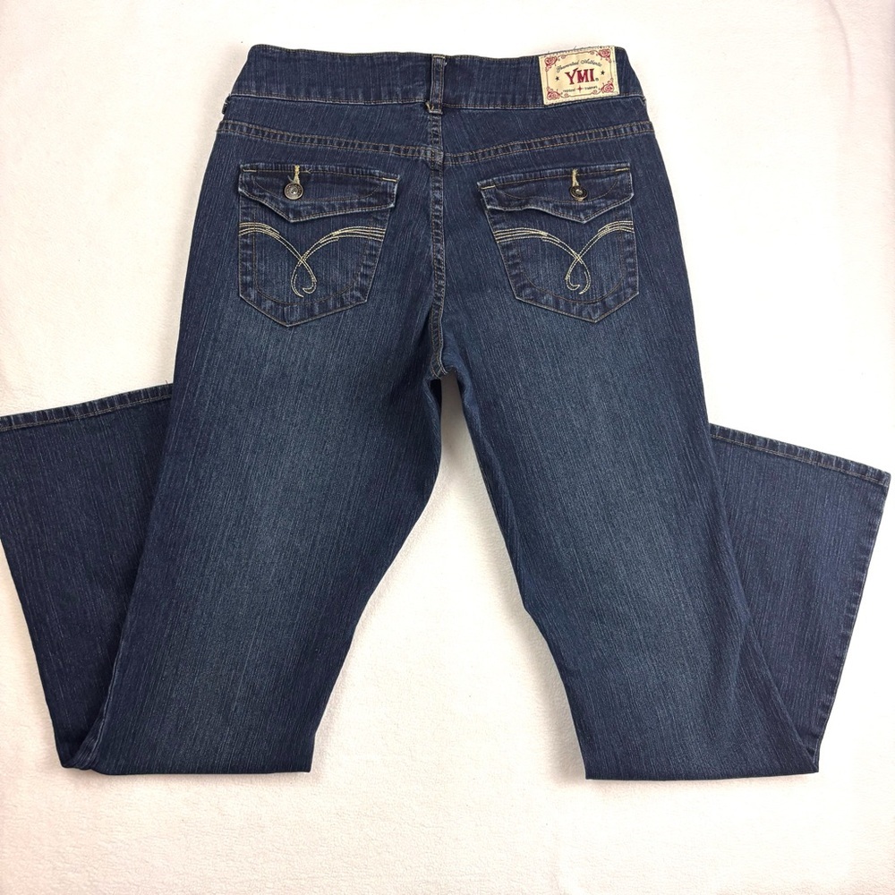 YMI Dark Blue “70’s” Lowrise Flap Pocket Faded Stretch Artist Flare Jeans Size14
